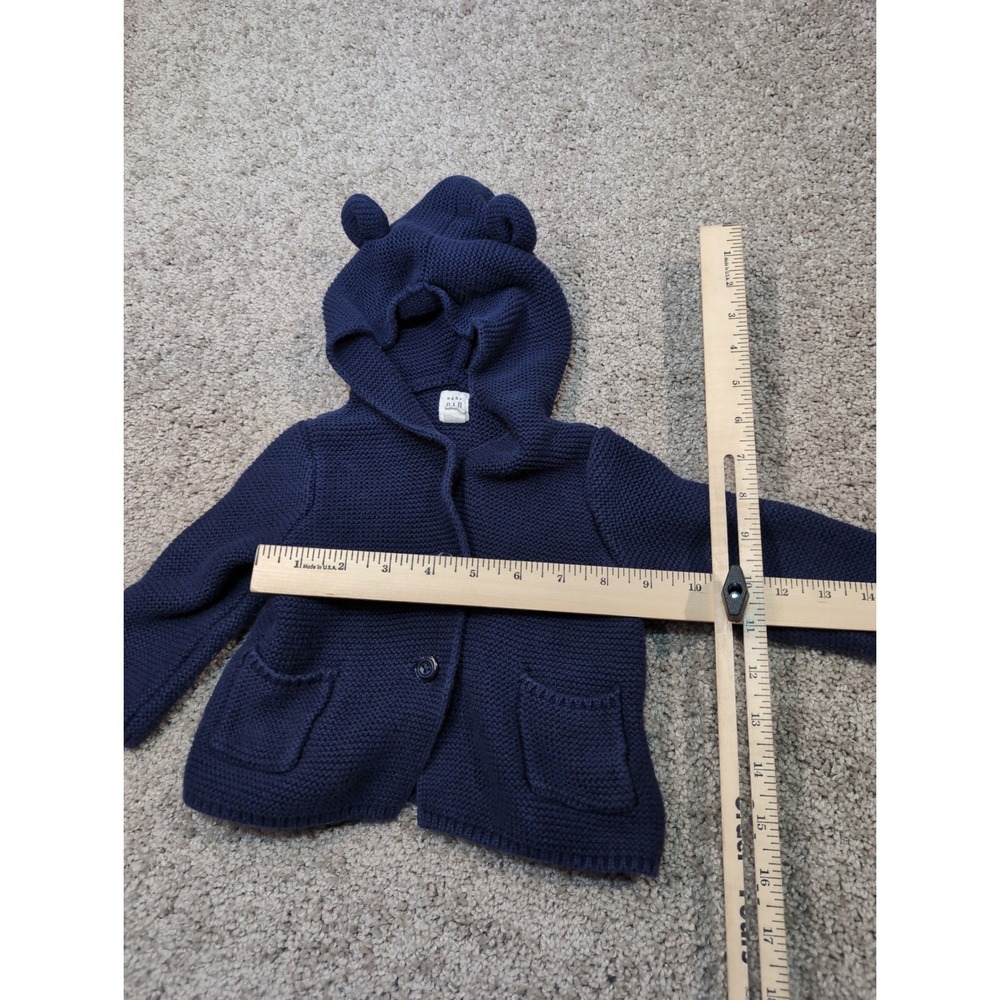 Baby GAP Navy Blue Knit Bear Ear Hooded Cardigan Sweater 6-12 Months 100% Cotton - Picture 4 of 5